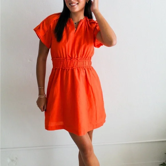 THML Sunset Smocked 100% Linen Dress Orange NWT Women’s S Summer Beach Party - Picture 1 of 10